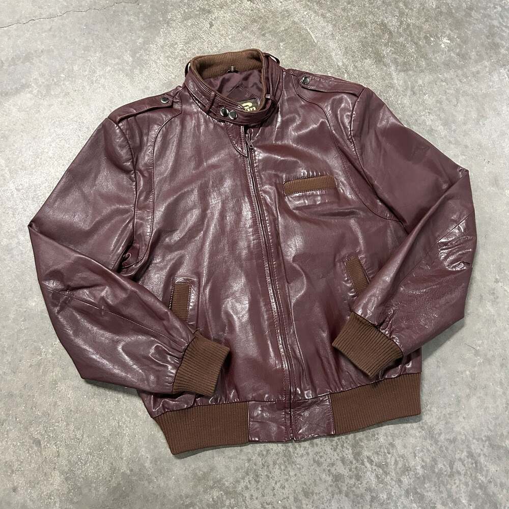 Vintage Fox Run Burgundy Leather Bomber Jacket Size 42 Cafe Racer Moto